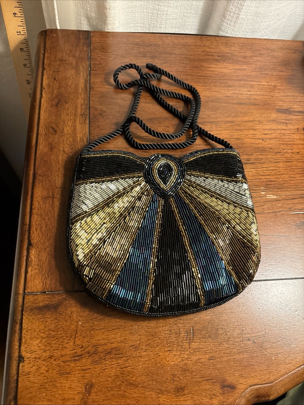 VTG Black Beaded Metallic Evening Bag Ray Pattern Gold Silver Copper Blue
